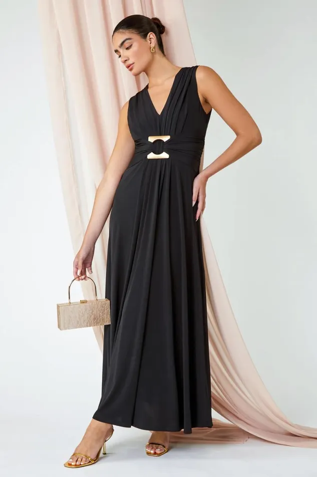 Women Black Buckle Detail Maxi Stretch Dress Roman Dresses