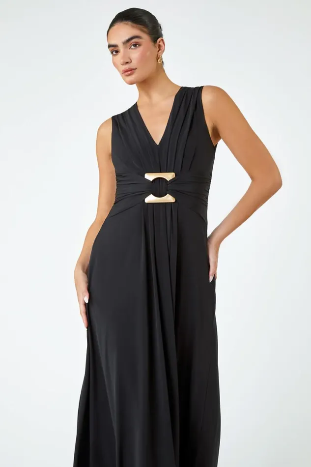 Women Black Buckle Detail Maxi Stretch Dress Roman Dresses