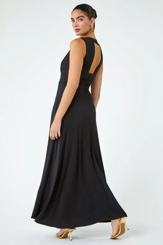 Women Black Buckle Detail Maxi Stretch Dress Roman Dresses
