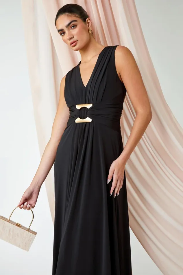 Women Black Buckle Detail Maxi Stretch Dress Roman Dresses