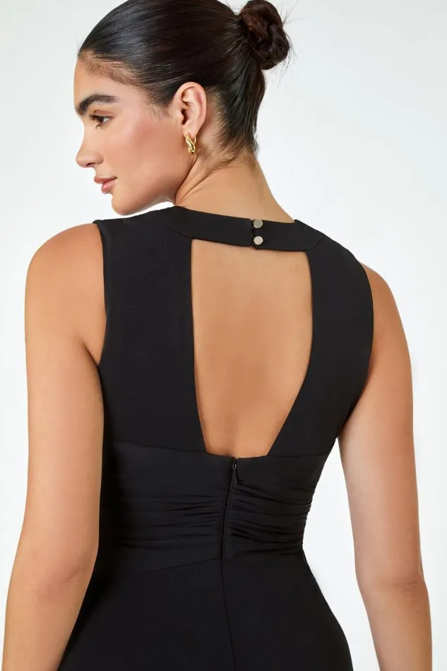 Women Black Buckle Detail Maxi Stretch Dress Roman Dresses