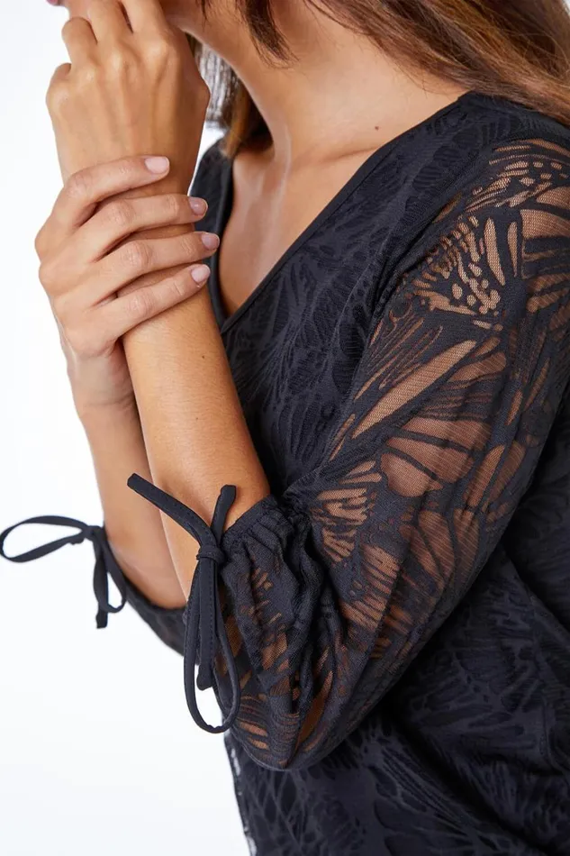 Women Black Burnout Print VNeck Overlay Stretch Top Roman Tops