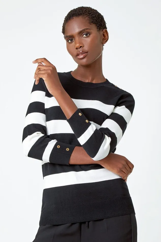 Women Black Button Detail Stripe Print Jumper Roman Knitwear