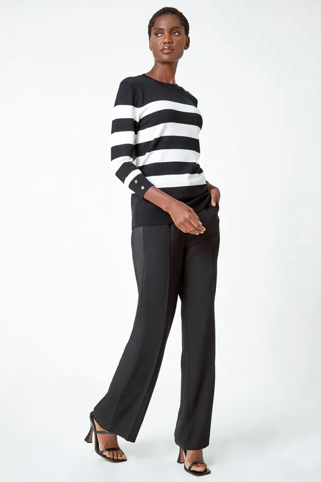 Women Black Button Detail Stripe Print Jumper Roman Knitwear