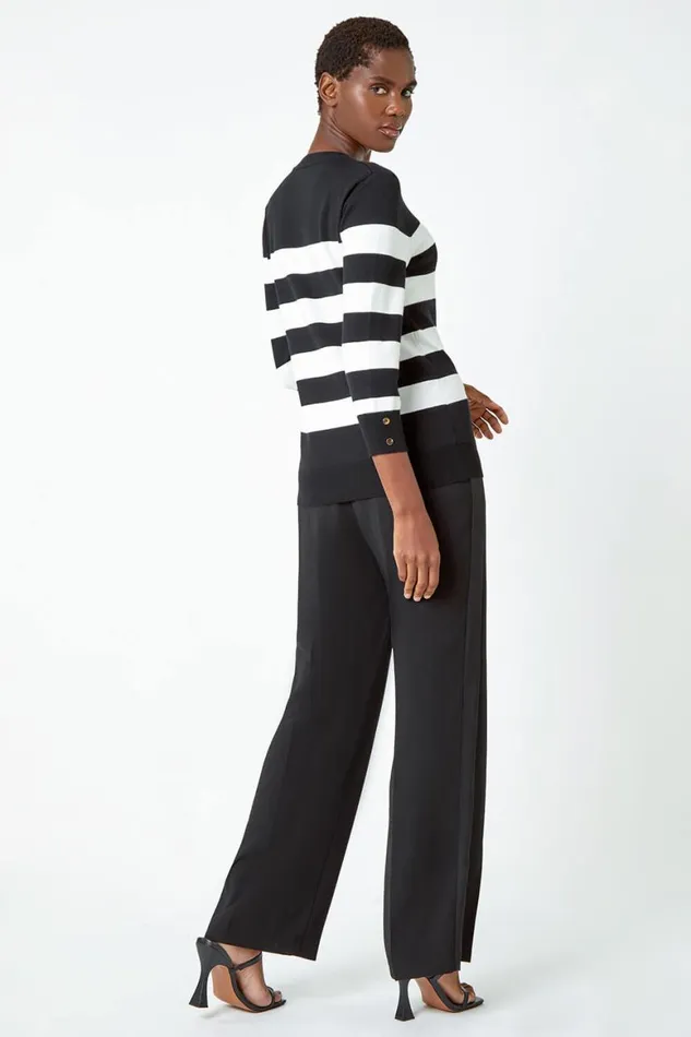 Women Black Button Detail Stripe Print Jumper Roman Knitwear