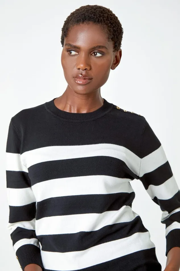 Women Black Button Detail Stripe Print Jumper Roman Knitwear