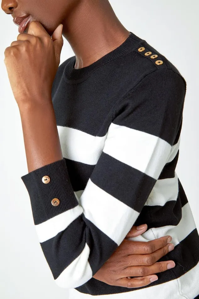 Women Black Button Detail Stripe Print Jumper Roman Knitwear