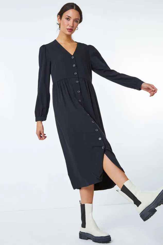 Women Black Button Through Midi Dress Roman Dresses