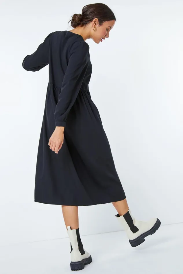 Women Black Button Through Midi Dress Roman Dresses