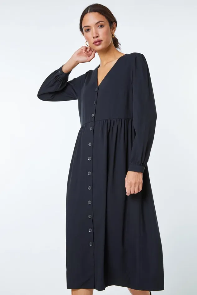 Women Black Button Through Midi Dress Roman Dresses
