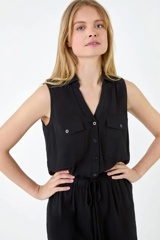 Women Black Button Through Utility Playsuit Roman Dresses