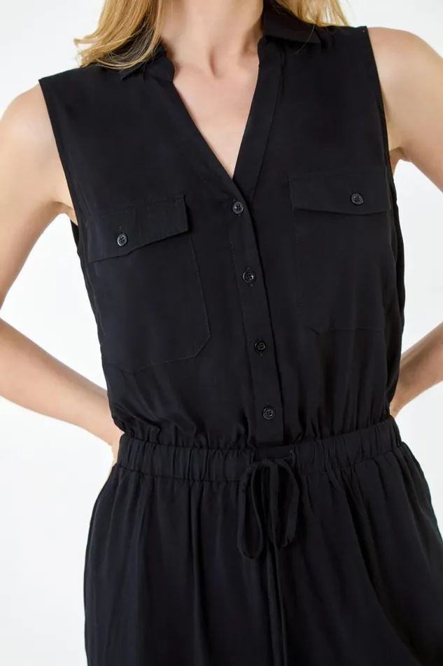 Women Black Button Through Utility Playsuit Roman Dresses