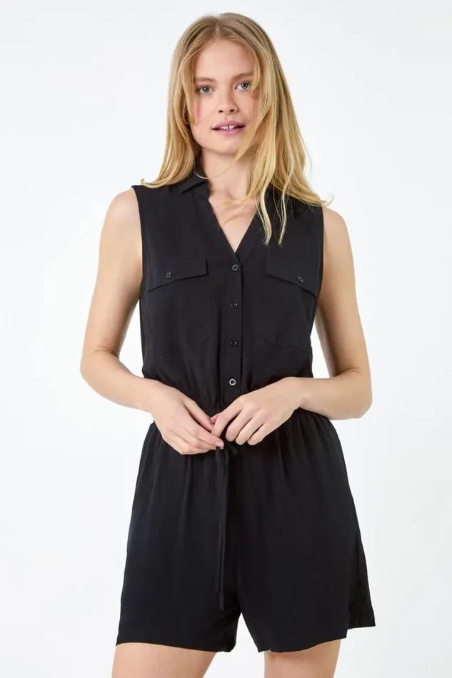 Women Black Button Through Utility Playsuit Roman Dresses