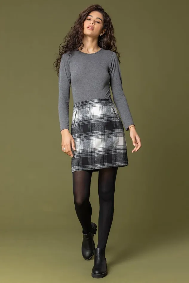 Women Black Checked Zip Detail Brushed A Line Skirt Roman Skirts