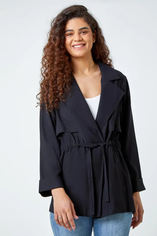 Women Black Collared Tie Waist Jacket Roman Jackets