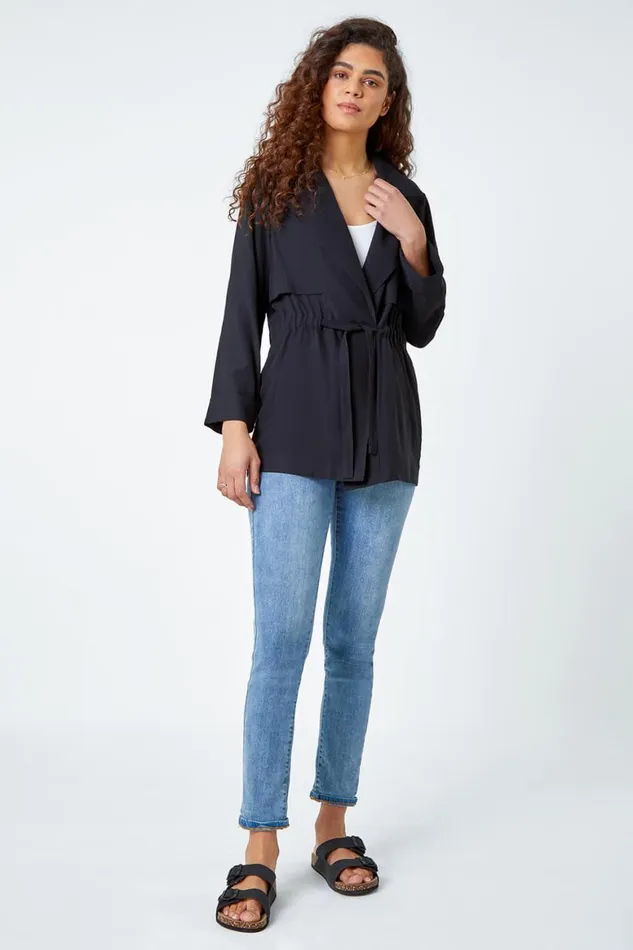 Women Black Collared Tie Waist Jacket Roman Jackets