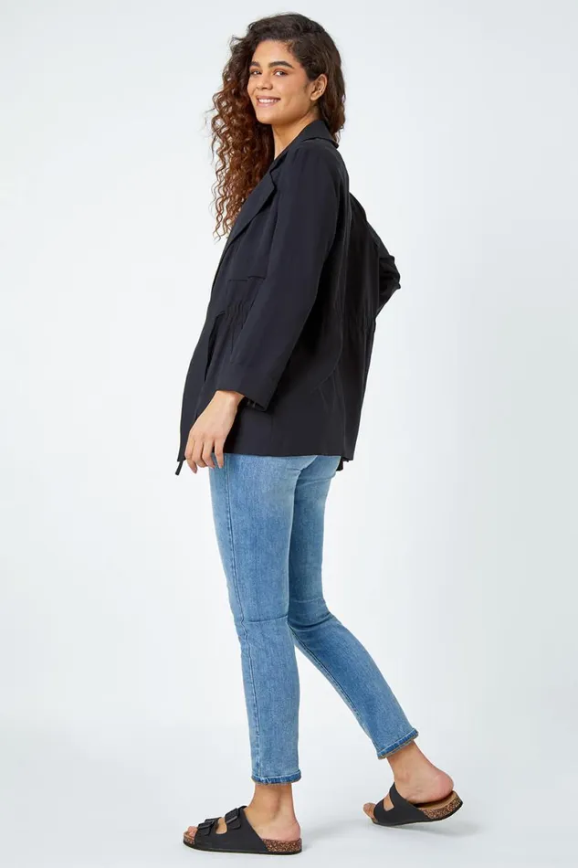 Women Black Collared Tie Waist Jacket Roman Jackets