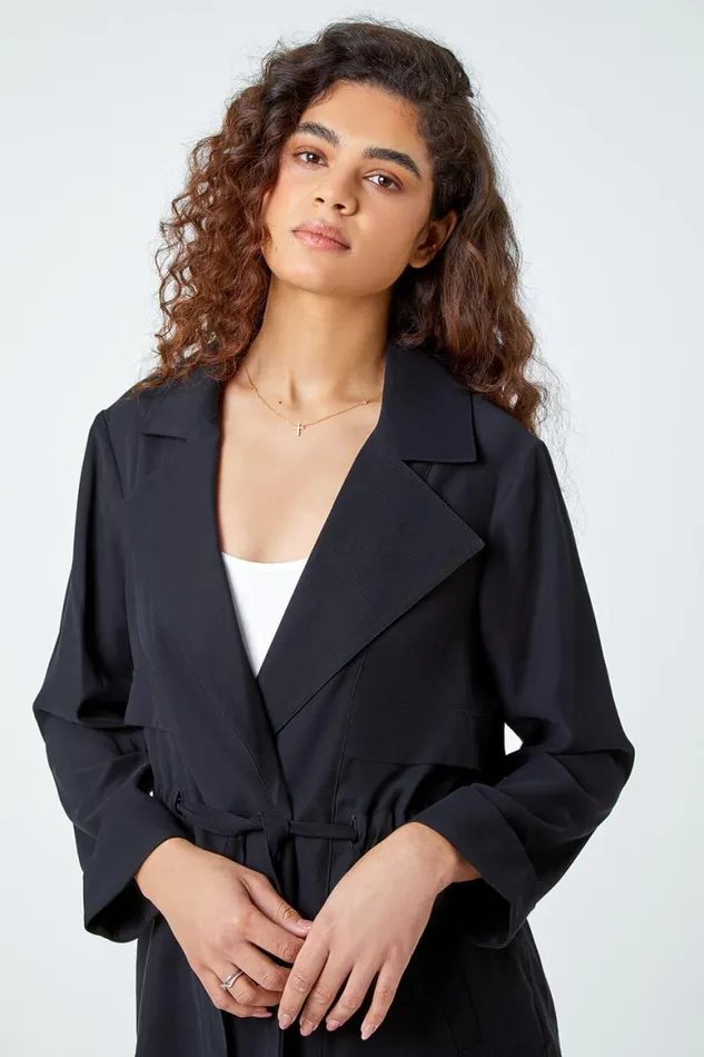 Women Black Collared Tie Waist Jacket Roman Jackets