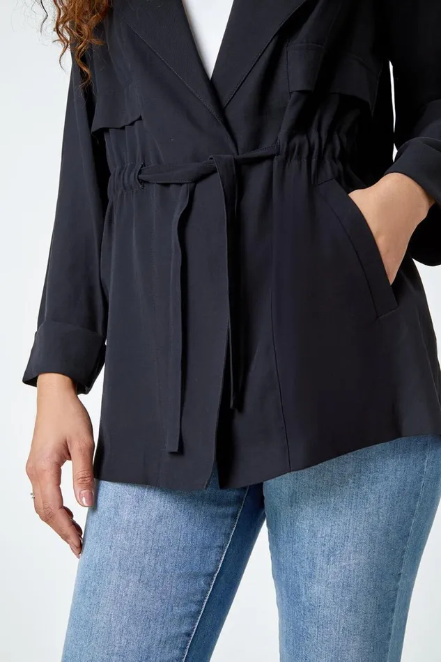 Women Black Collared Tie Waist Jacket Roman Jackets