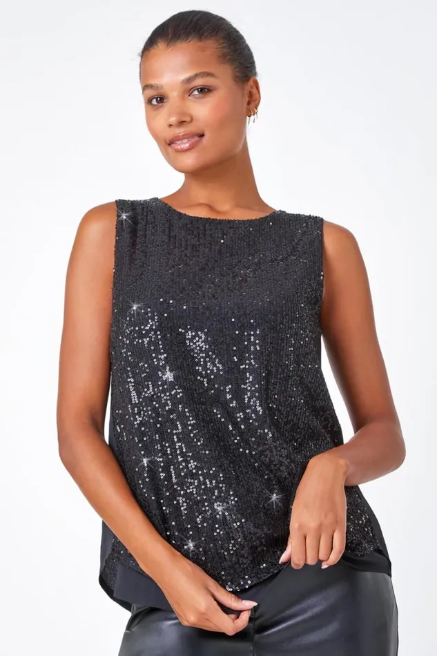Women Black Contrast Back Sequin Top Roman Tops