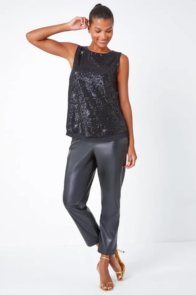 Women Black Contrast Back Sequin Top Roman Tops