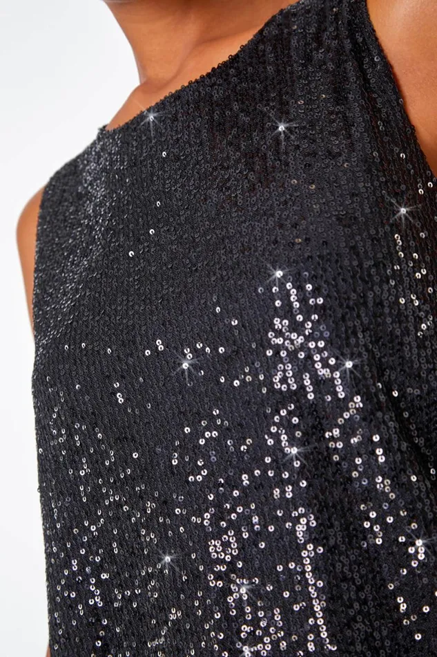 Women Black Contrast Back Sequin Top Roman Tops