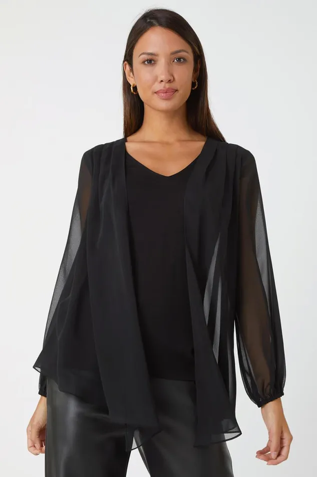 Women Black Contrast Chiffon Overlay Stretch Top Roman Tops