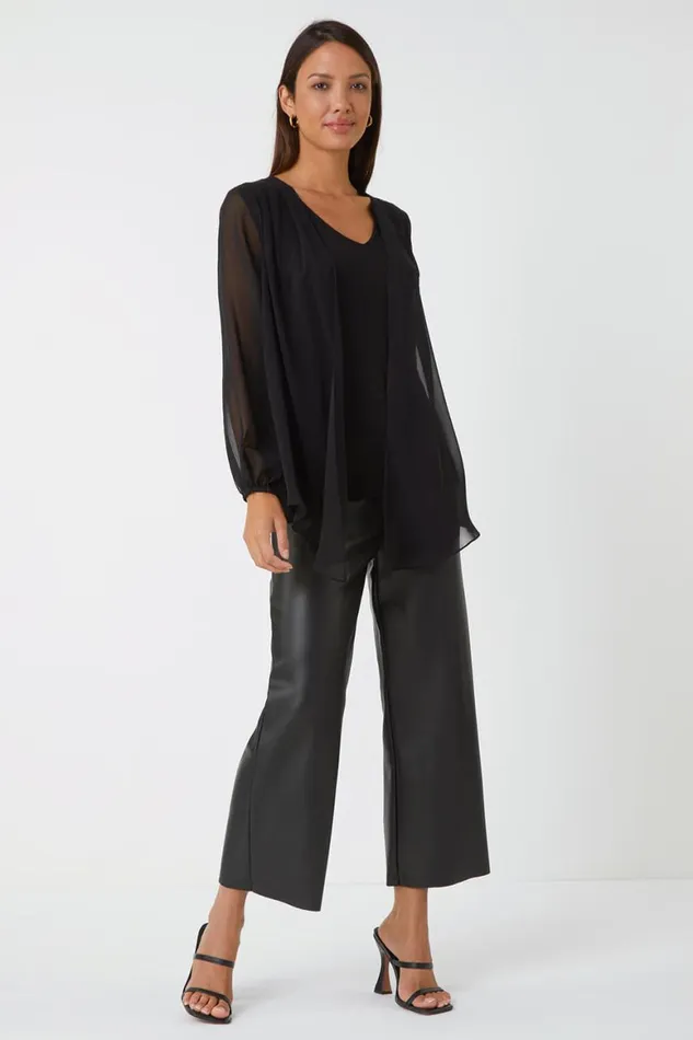 Women Black Contrast Chiffon Overlay Stretch Top Roman Tops