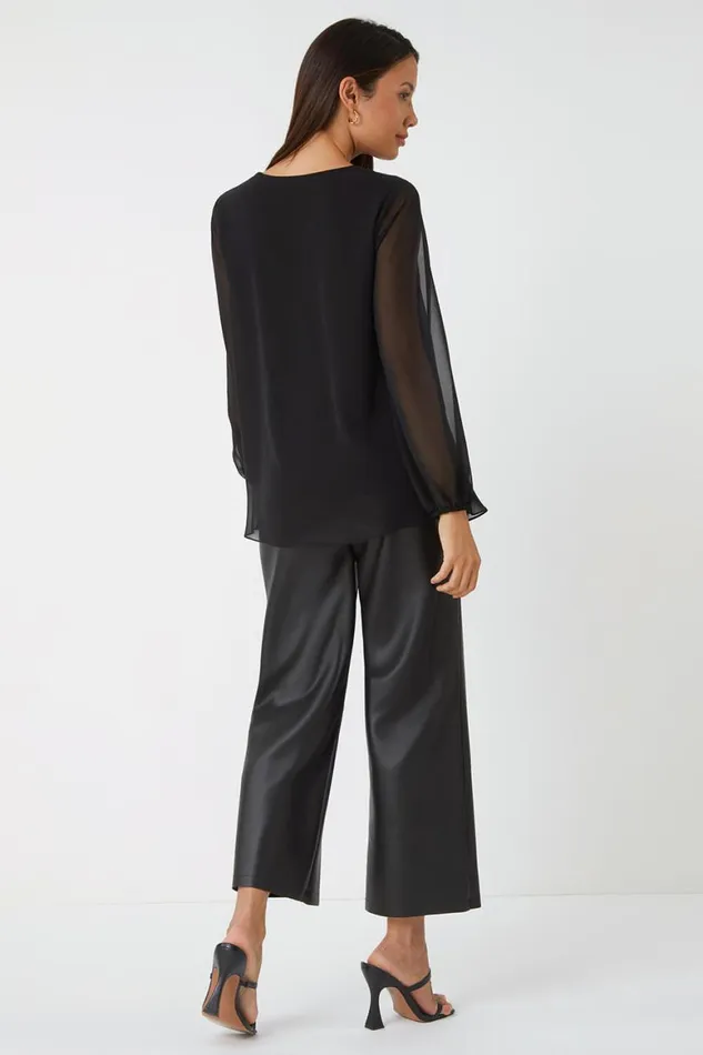 Women Black Contrast Chiffon Overlay Stretch Top Roman Tops