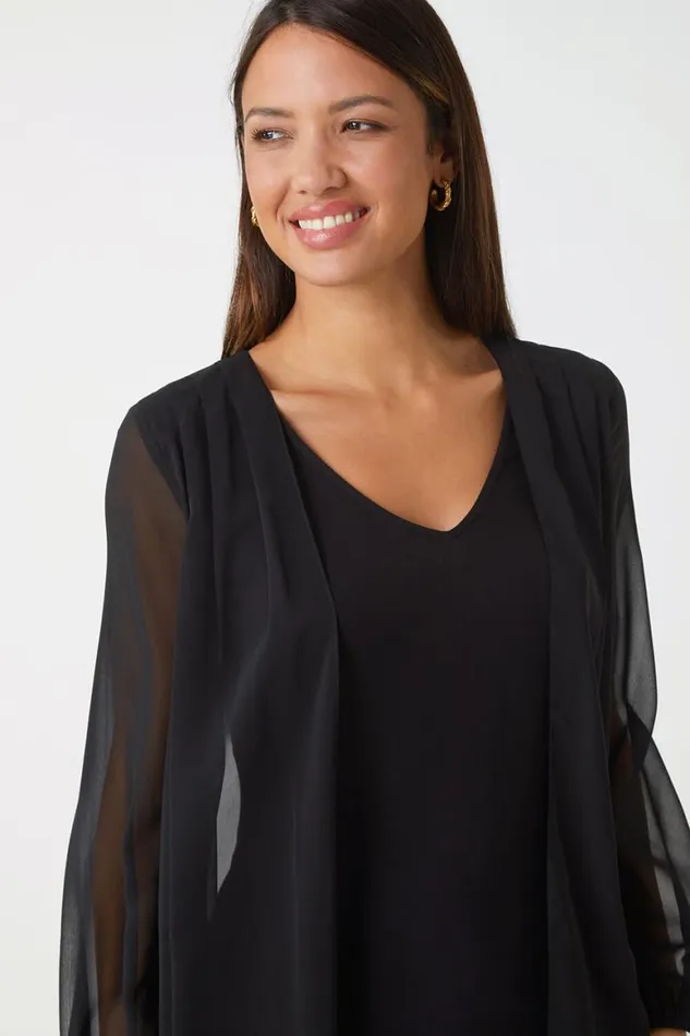 Women Black Contrast Chiffon Overlay Stretch Top Roman Tops