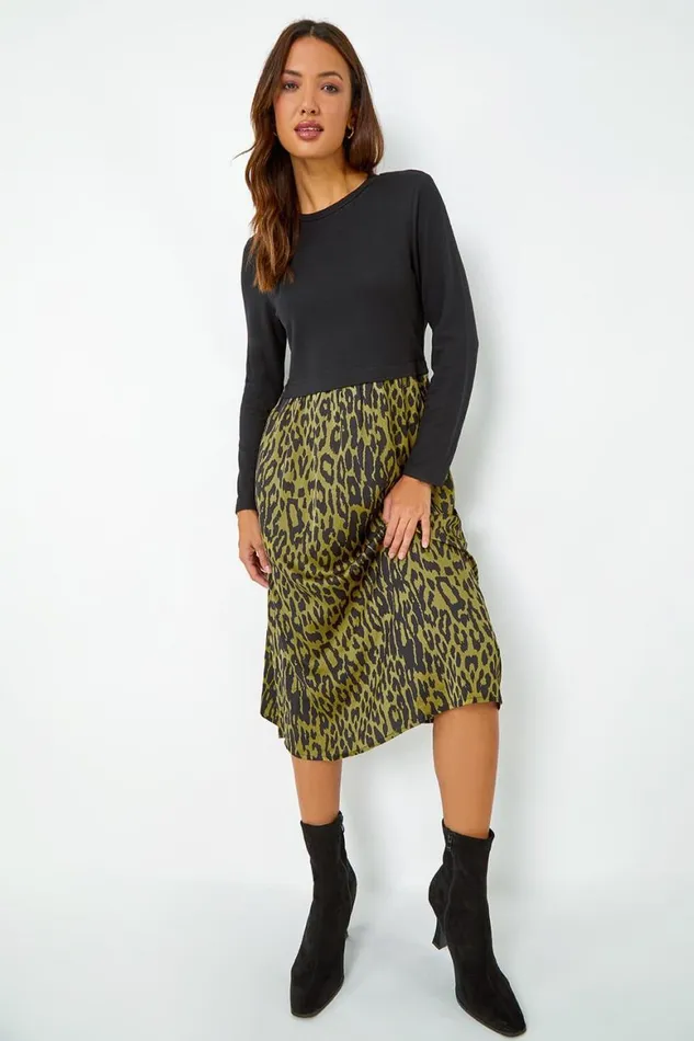Women Black Contrast Leopard Print Pocket Knit Midi Dress Roman Dresses