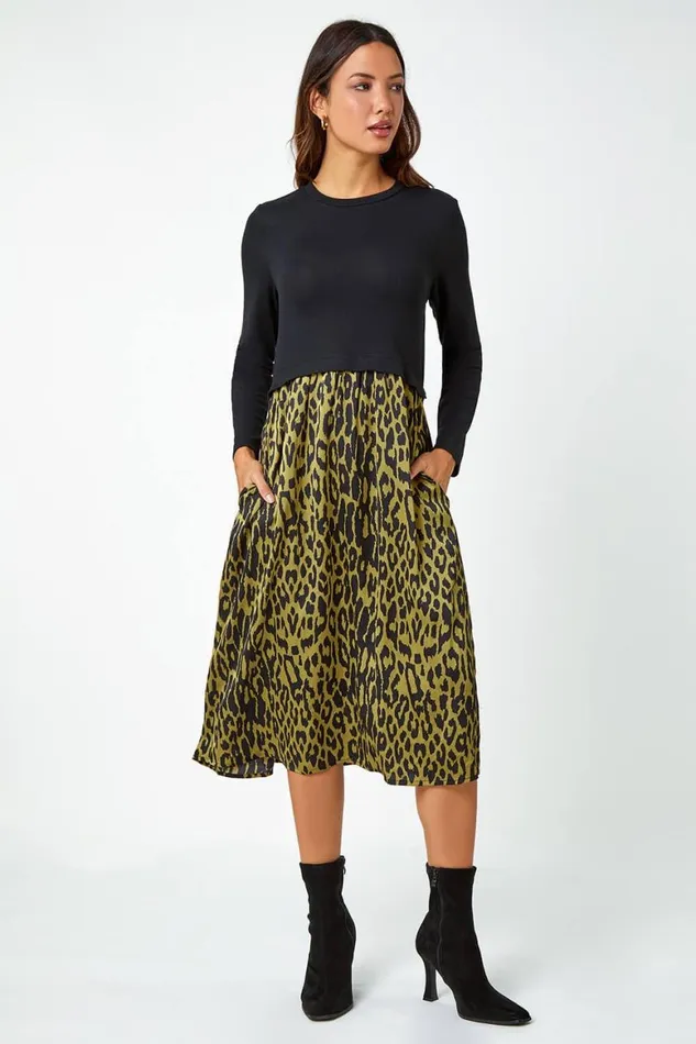 Women Black Contrast Leopard Print Pocket Knit Midi Dress Roman Dresses