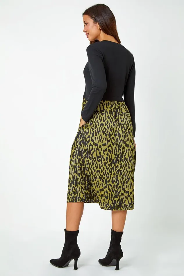 Women Black Contrast Leopard Print Pocket Knit Midi Dress Roman Dresses
