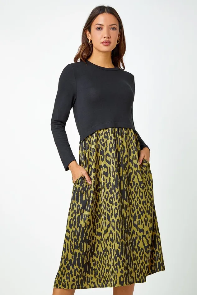 Women Black Contrast Leopard Print Pocket Knit Midi Dress Roman Dresses