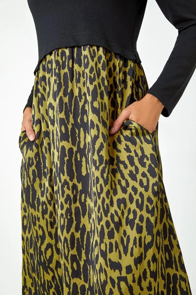 Women Black Contrast Leopard Print Pocket Knit Midi Dress Roman Dresses