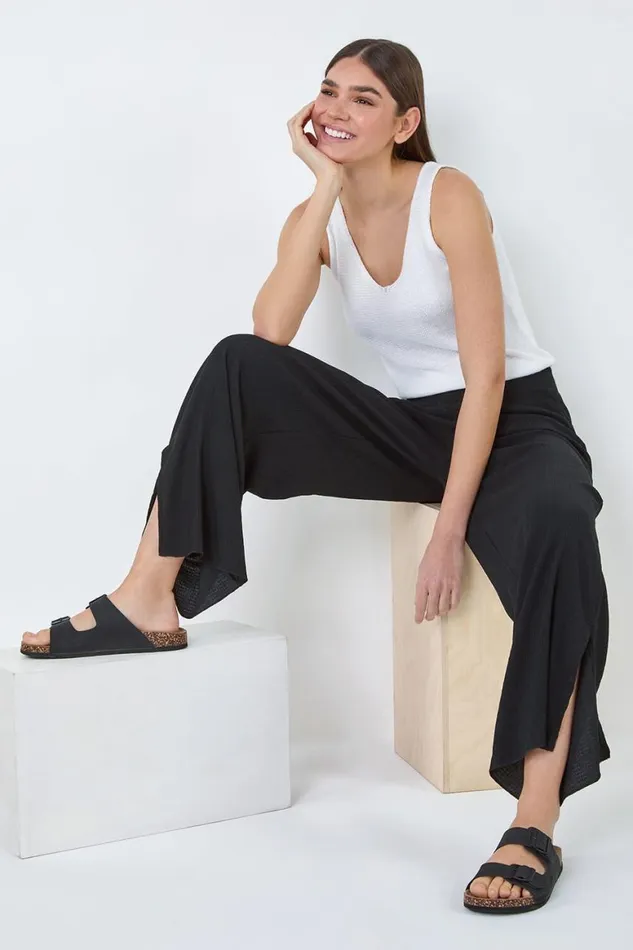 Women Black Crinkle Side Split Elastic Waist Trousers Roman Trousers