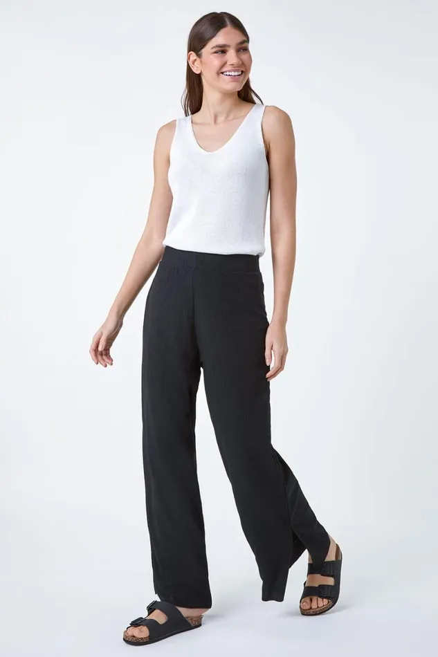 Women Black Crinkle Side Split Elastic Waist Trousers Roman Trousers