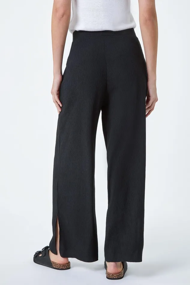 Women Black Crinkle Side Split Elastic Waist Trousers Roman Trousers
