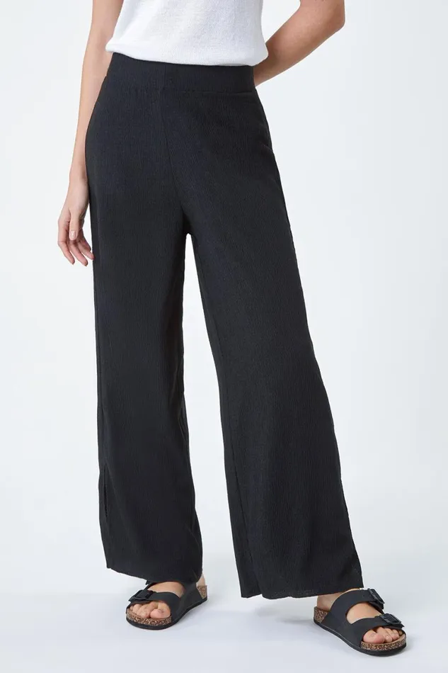 Women Black Crinkle Side Split Elastic Waist Trousers Roman Trousers