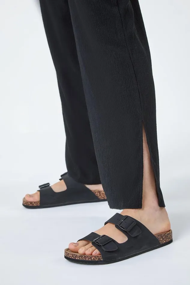 Women Black Crinkle Side Split Elastic Waist Trousers Roman Trousers