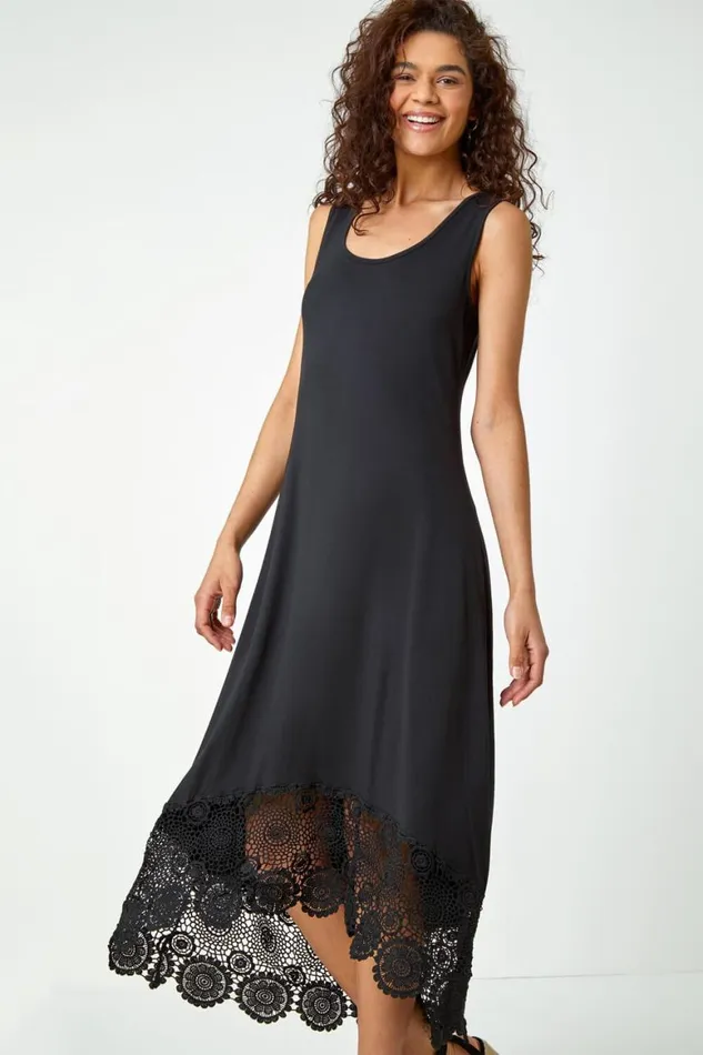 Women Black Crochet Hem Stretch Midi Dress Roman Dresses