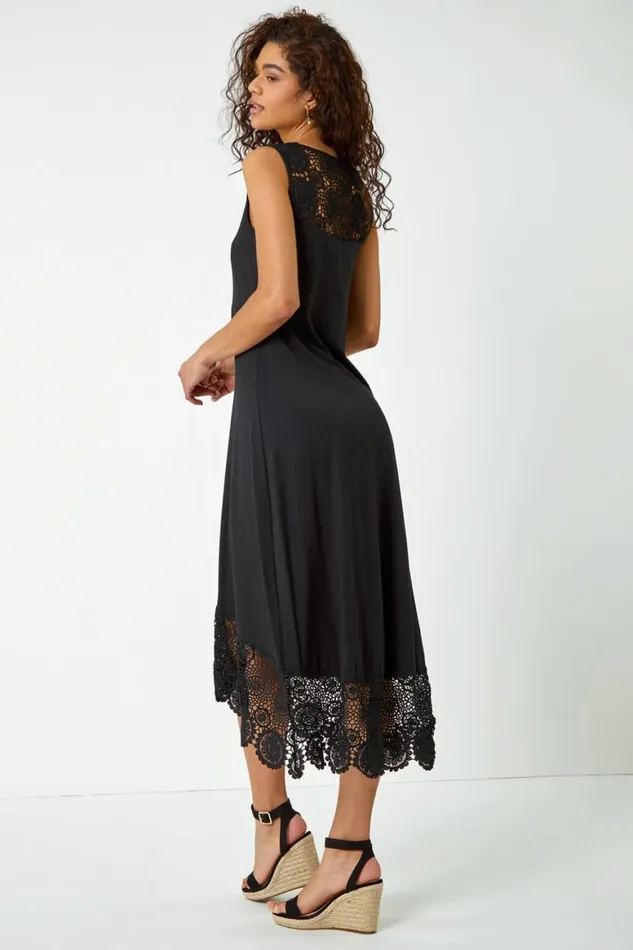 Women Black Crochet Hem Stretch Midi Dress Roman Dresses