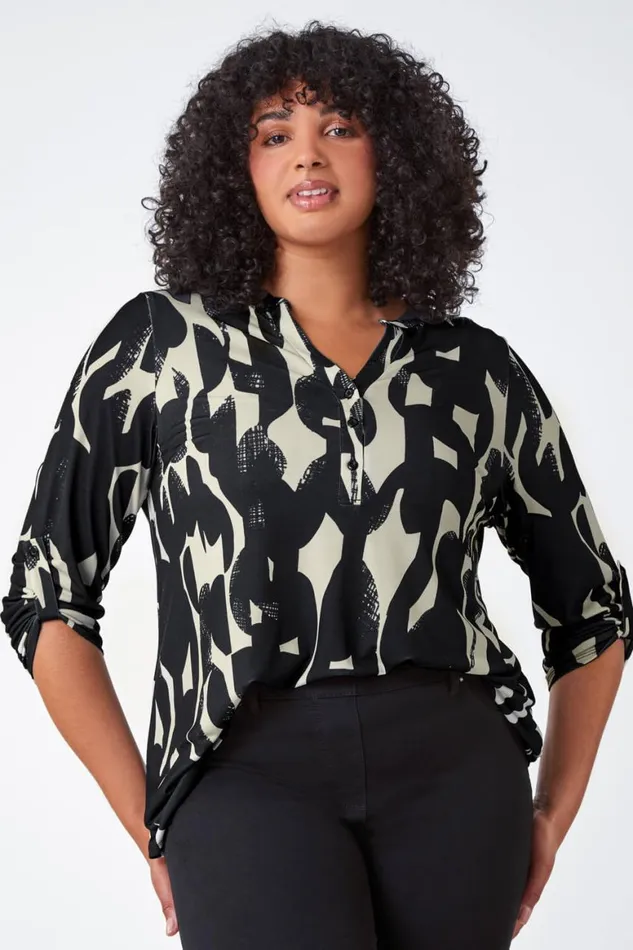 Women Black Curve Abstract Print VNeck Jersey Top Roman Tops