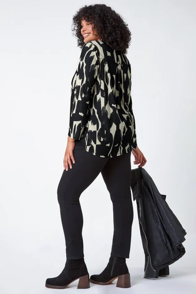 Women Black Curve Abstract Print VNeck Jersey Top Roman Tops