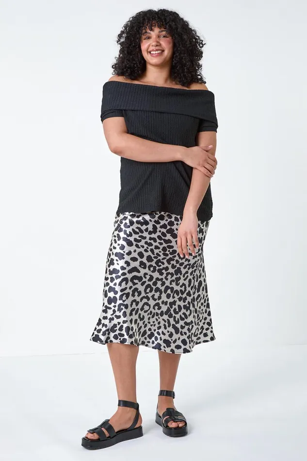Women Black Curve Animal Print Satin Elastic Waist Skirt Roman Skirts