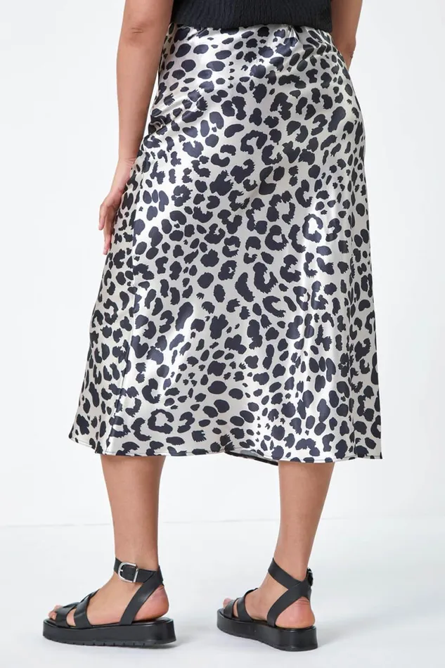Women Black Curve Animal Print Satin Elastic Waist Skirt Roman Skirts