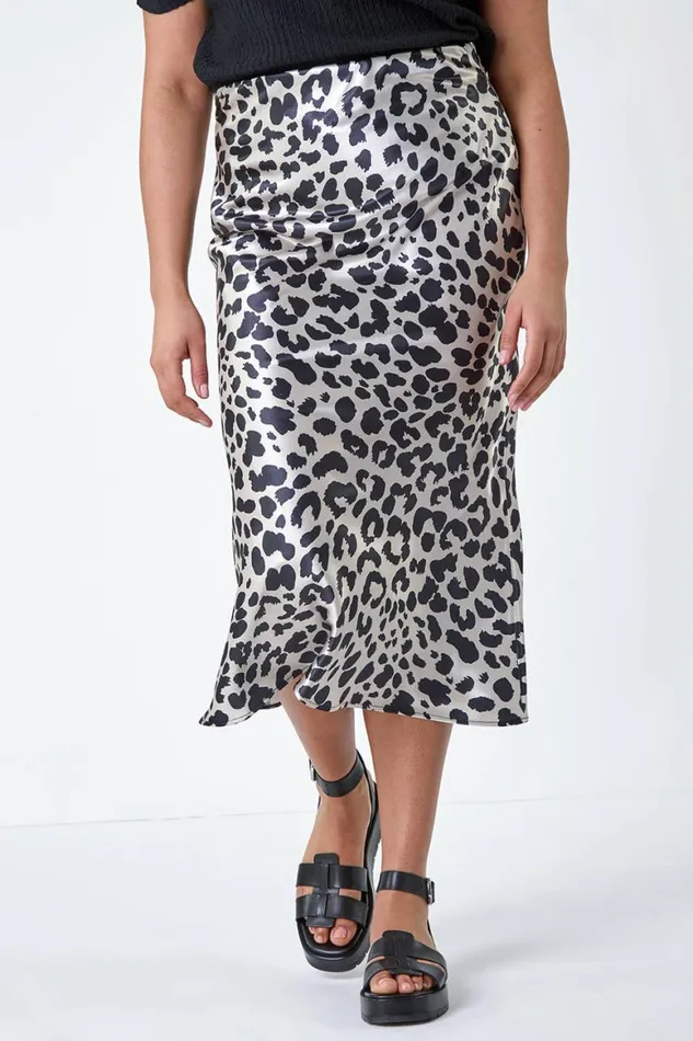 Women Black Curve Animal Print Satin Elastic Waist Skirt Roman Skirts
