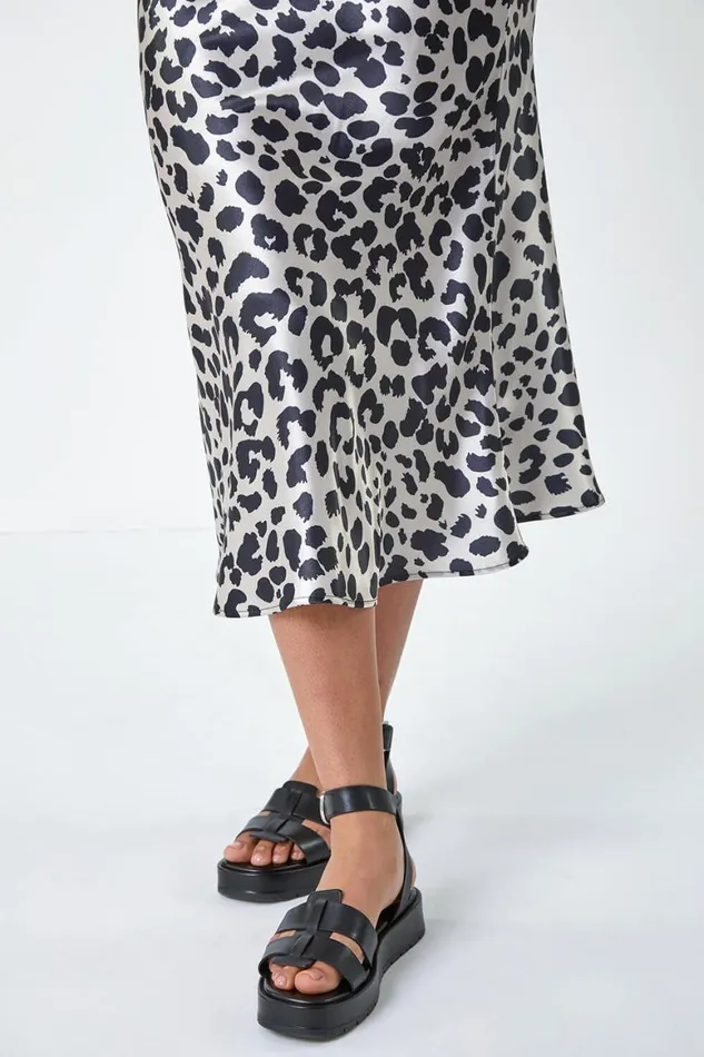 Women Black Curve Animal Print Satin Elastic Waist Skirt Roman Skirts