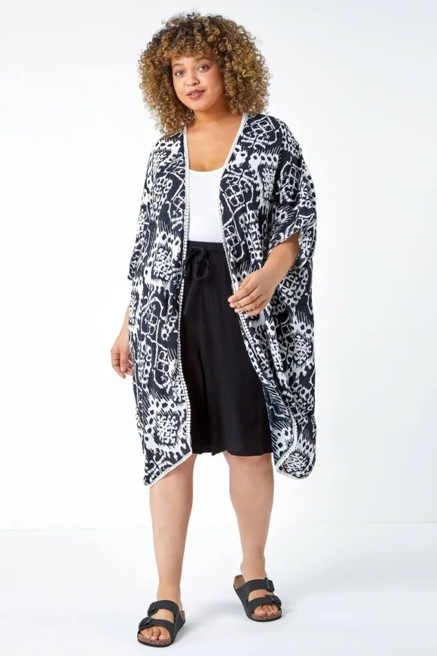 Women Black Curve Aztec Print Longline Kimono Roman Tops