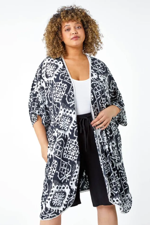 Women Black Curve Aztec Print Longline Kimono Roman Tops
